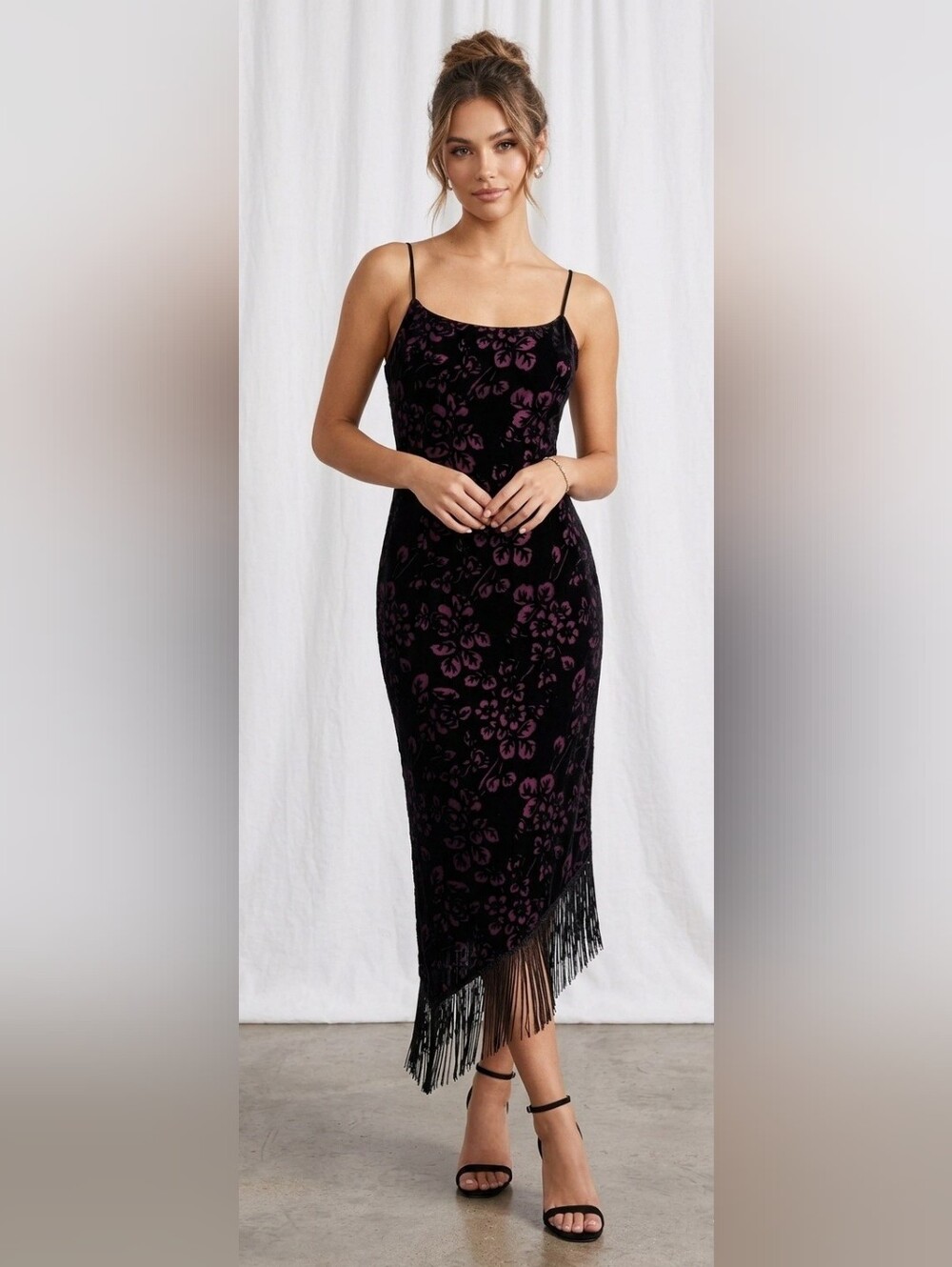 Vintage Black Velvet Midi Dress with Pink Floral Burnout and Fringe Hem